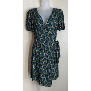 Silk & Salt  Medium True Wrap Dress Blue Green Geometric Fan Print Short Sleeve